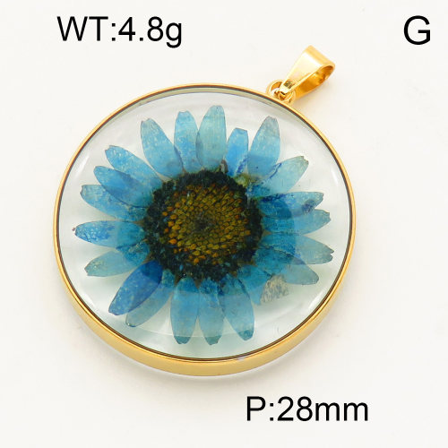 304 Stainless Steel Natural flowers Pendants,Polished,Flat Round,Vacuum plating 18K gold,28mm,about 4.8 g/pc,1 pc/package,3P3000123aajp-Y008