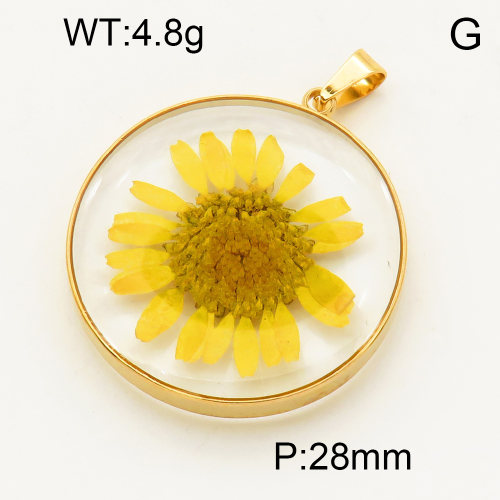 304 Stainless Steel Natural flowers Pendants,Polished,Flat Round,Vacuum plating 18K gold,28mm,about 4.8 g/pc,1 pc/package,3P3000125aajp-Y008