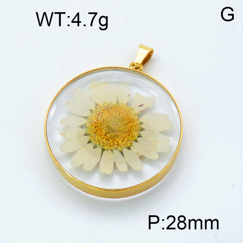 304 Stainless Steel Natural flowers Pendants,Polished,Flower,Flat Round,Vacuum plating 18K gold,28mm,about 4.7 g/pc,1 pc/package,3P3000223aajp-Y008