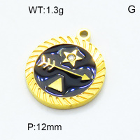 304 Stainless Steel Cubic Zirconia Enamel Pendants,High quality handmade polishing,Flat Round,Star,Arrow,Triangle,Vacuum plating 18K gold,Black,12mm,Hole:1.5mm,about 1.3 g/pc,1 pc/package,3P3000260baka-066