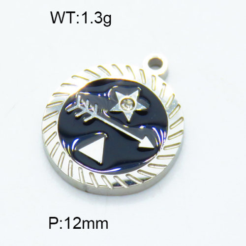 304 Stainless Steel Cubic Zirconia Enamel Pendants,High quality handmade polishing,Flat Round,Star,Arrow,Triangle,True color,Black,12mm,Hole:1.5mm,about 1.3 g/pc,1 pc/package,3P3000261aajl-066