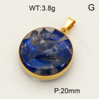 304 Stainless Steel Lapis Lazuli Pendants,Polished,Flat Round,Vacuum plating 18K gold,20mm,about 3.8 g/pc,1 pc/package,3P4000472aako-Y008
