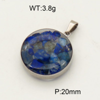 304 Stainless Steel Lapis Lazuli Pendants,Polished,Flat Round,True color,20mm,about 3.8 g/pc,1 pc/package,3P4000473aakl-Y008