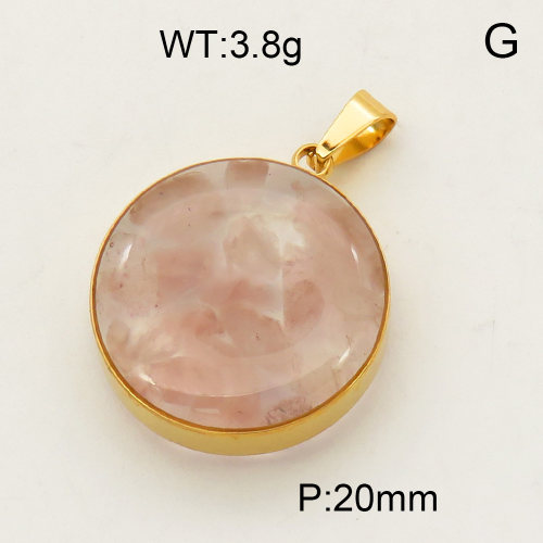 304 Stainless Steel Rose Quartz Pendants,Polished,Flat Round,Vacuum plating 18K gold,20mm,about 3.8 g/pc,1 pc/package,3P4000474aako-Y008