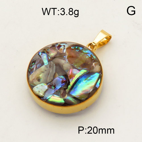 304 Stainless Steel Abalone Shell Pendants,Polished,Flat Round,Vacuum plating 18K gold,20mm,about 3.8 g/pc,1 pc/package,3P4000478aako-Y008
