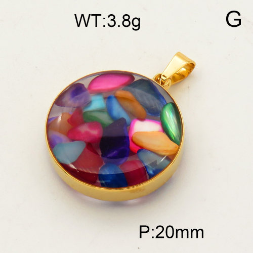 304 Stainless Steel Colorful shell Pendants,Polished,Flat Round,Vacuum plating 18K gold,20mm,about 3.8 g/pc,1 pc/package,3P4000480aako-Y008