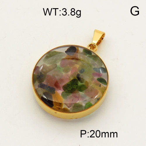 304 Stainless Steel Tourmaline Pendants,Polished,Flat Round,Vacuum plating 18K gold,20mm,about 3.8 g/pc,1 pc/package,3P4000482aako-Y008
