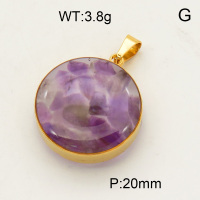 304 Stainless Steel Amethyst Pendants,Polished,Flat Round,Vacuum plating 18K gold,20mm,about 3.8 g/pc,1 pc/package,3P4000484aako-Y008