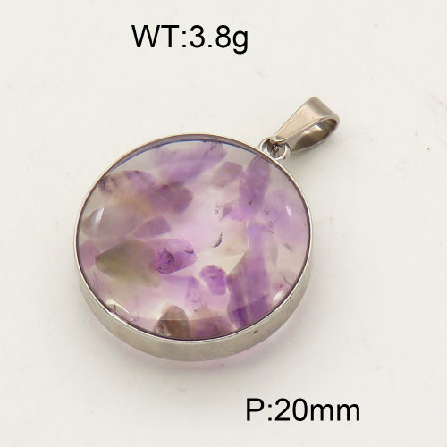 304 Stainless Steel Amethyst Pendants,Polished,Flat Round,True color,20mm,about 3.8 g/pc,1 pc/package,3P4000485aakl-Y008