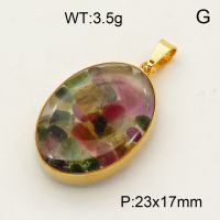 304 Stainless Steel Tourmaline Pendants,Polished,Flat Oval,Vacuum plating 18K gold,23x17mm,about 3.5 g/pc,1 pc/package,3P4000488aako-Y008