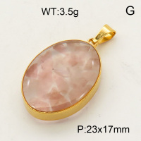 304 Stainless Steel Rose Quartz Pendants,Polished,Flat Oval,Vacuum plating 18K gold,23x17mm,about 3.5 g/pc,1 pc/package,3P4000492aako-Y008