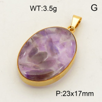 304 Stainless Steel Amethyst Pendants,Polished,Flat Oval,Vacuum plating 18K gold,23x17mm,about 3.5 g/pc,1 pc/package,3P4000496aako-Y008