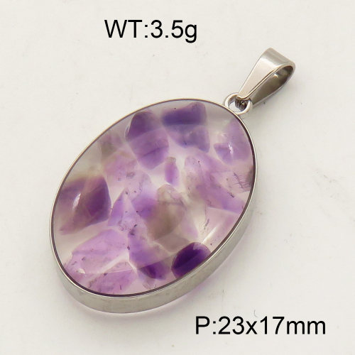 304 Stainless Steel Amethyst Pendants,Polished,Flat Oval,True color,23x17mm,about 3.5 g/pc,1 pc/package,3P4000497aakl-Y008