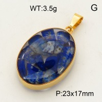 304 Stainless Steel Lapis Lazuli Pendants,Polished,Flat Oval,Vacuum plating 18K gold,23x17mm,about 3.5 g/pc,1 pc/package,3P4000498aako-Y008