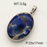 304 Stainless Steel Lapis Lazuli Pendants,Polished,Flat Oval,True color,23x17mm,about 3.5 g/pc,1 pc/package,3P4000499aakl-Y008