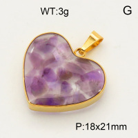 304 Stainless Steel Amethyst Pendants,Polished,Flat Heart,Vacuum plating 18K gold,18x21mm,about 3 g/pc,1 pc/package,3P4000502aako-Y008