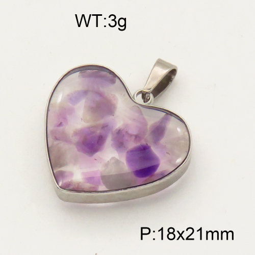 304 Stainless Steel Amethyst Pendants,Polished,Flat Heart,True color,18x21mm,about 3 g/pc,1 pc/package,3P4000503aakl-Y008