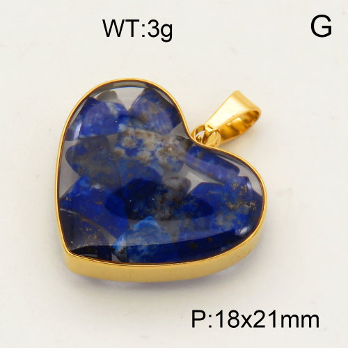 304 Stainless Steel Lapis Lazuli Pendants,Polished,Flat Heart,Vacuum plating 18K gold,18x21mm,about 3 g/pc,1 pc/package,3P4000504aako-Y008