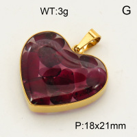 304 Stainless Steel Garnet Pendants,Polished,Flat Heart,Vacuum plating 18K gold,18x21mm,about 3 g/pc,1 pc/package,3P4000506aako-Y008