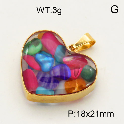 304 Stainless Steel Colorful shell Pendants,Polished,Flat Heart,Vacuum plating 18K gold,18x21mm,about 3 g/pc,1 pc/package,3P4000508aako-Y008