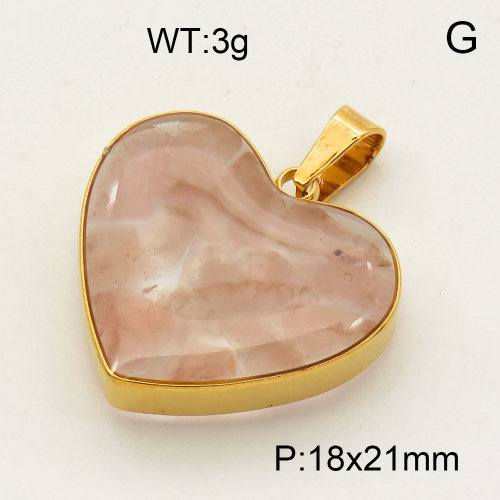 304 Stainless Steel Rose Quartz Pendants,Polished,Flat Heart,Vacuum plating 18K gold,18x21mm,about 3 g/pc,1 pc/package,3P4000512aako-Y008