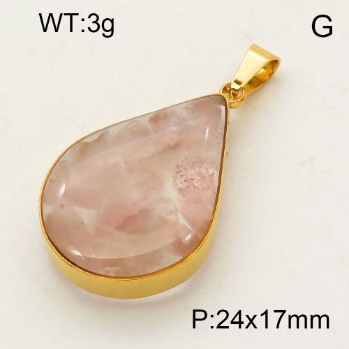 304 Stainless Steel Rose Quartz Pendants,Polished,Flat Drop,Vacuum plating 18K gold,24x17mm,about 3 g/pc,1 pc/package,3P4000516aako-Y008