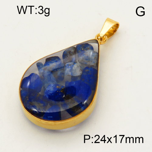 304 Stainless Steel Lapis Lazuli Pendants,Polished,Flat Drop,Vacuum plating 18K gold,24x17mm,about 3 g/pc,1 pc/package,3P4000522aako-Y008