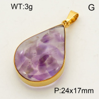304 Stainless Steel Amethyst Pendants,Polished,Flat Drop,Vacuum plating 18K gold,24x17mm,about 3 g/pc,1 pc/package,3P4000524aako-Y008