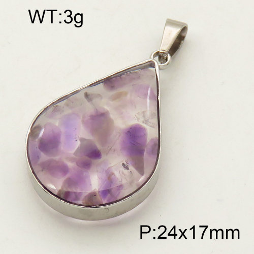 304 Stainless Steel Amethyst Pendants,Polished,Flat Drop,True color,24x17mm,about 3 g/pc,1 pc/package,3P4000525aakl-Y008