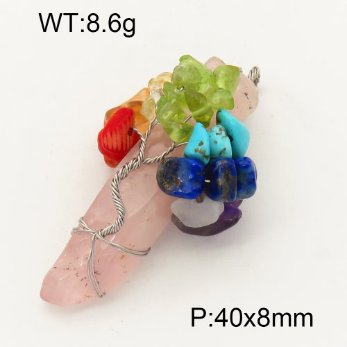 304 Stainless Steel Rose Quartz Pendants,Rectangle,Tree,True color,40x8mm,about 8.6 g/pc,1 pc/package,3P4000530vbnl-Y008