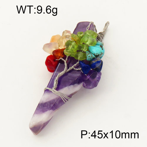 304 Stainless Steel Amethyst Pendants,Rectangle,Tree,True color,45x10mm,about 9.6 g/pc,1 pc/package,3P4000532vbnl-Y008