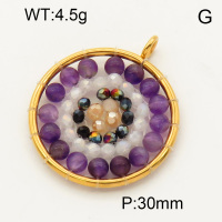 304 Stainless Steel Amethyst Pendants,Polished,Flat Round,Chakras,Vacuum plating 18K gold,30mm,Hole:3mm,about 4.5 g/pc,1 pc/package,3P4000533bblp-Y008