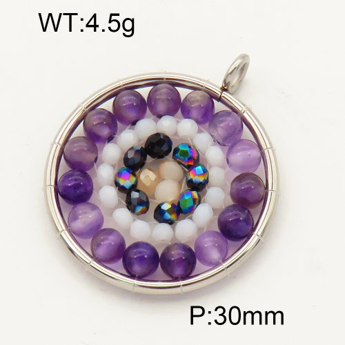 304 Stainless Steel Amethyst Pendants,Polished,Flat Round,Chakras,True color,30mm,Hole:3mm,about 4.5 g/pc,1 pc/package,3P4000534vbll-Y008