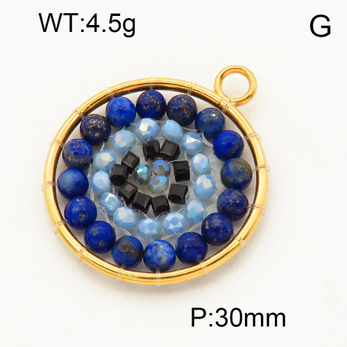 304 Stainless Steel Lapis Lazuli Pendants,Polished,Flat Round,Chakras,Vacuum plating 18K gold,30mm,Hole:3mm,about 4.5 g/pc,1 pc/package,3P4000535bblp-Y008