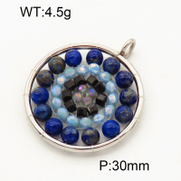 304 Stainless Steel Lapis Lazuli Pendants,Polished,Flat Round,Chakras,True color,30mm,Hole:3mm,about 4.5 g/pc,1 pc/package,3P4000536vbll-Y008