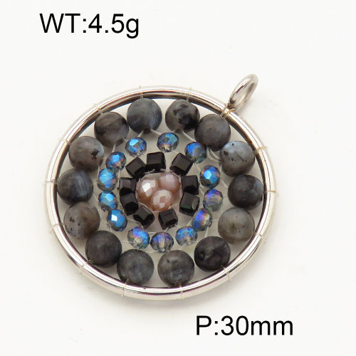 304 Stainless Steel Labradorite Pendants,Polished,Flat Round,Chakras,True color,30mm,Hole:3mm,about 4.5 g/pc,1 pc/package,3P4000538vbll-Y008