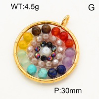 304 Stainless Steel Gemstone Pendants,Polished,Flat Round,Chakras,Vacuum plating 18K gold,30mm,Hole:3mm,about 4.5 g/pc,1 pc/package,3P4000539bblp-Y008