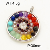 304 Stainless Steel Gemstone Pendants,Polished,Flat Round,Chakras,True color,30mm,Hole:3mm,about 4.5 g/pc,1 pc/package,3P4000540vbll-Y008