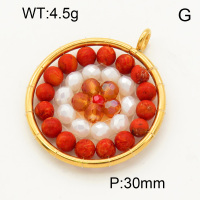 304 Stainless Steel Red Coral Pendants,Polished,Flat Round,Chakras,Vacuum plating 18K gold,30mm,Hole:3mm,about 4.5 g/pc,1 pc/package,3P4000541bblp-Y008
