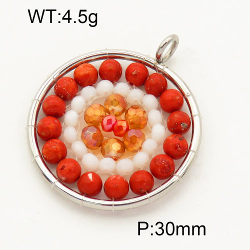 304 Stainless Steel Red Coral Pendants,Polished,Flat Round,Chakras,True color,30mm,Hole:3mm,about 4.5 g/pc,1 pc/package,3P4000542vbll-Y008
