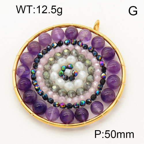 304 Stainless Steel Amethyst Pendants,Polished,Flat Round,Chakras,Vacuum plating 18K gold,50mm,Hole:3mm,about 12.5 g/pc,1 pc/package,3P4000543bbpp-Y008