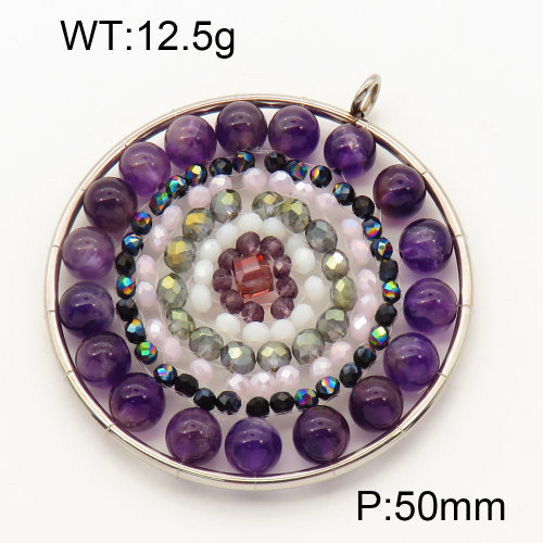 304 Stainless Steel Amethyst Pendants,Polished,Flat Round,Chakras,True color,50mm,Hole:3mm,about 12.5 g/pc,1 pc/package,3P4000544bvpl-Y008