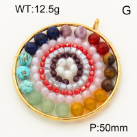 304 Stainless Steel Gemstone Pendants,Polished,Flat Round,Chakras,Vacuum plating 18K gold,50mm,Hole:3mm,about 12.5 g/pc,1 pc/package,3P4000545bbpp-Y008