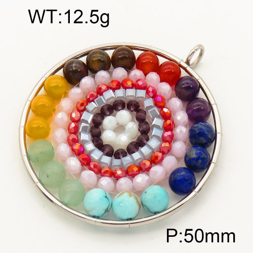 304 Stainless Steel Gemstone Pendants,Polished,Flat Round,Chakras,True color,50mm,Hole:3mm,about 12.5 g/pc,1 pc/package,3P4000546bvpl-Y008