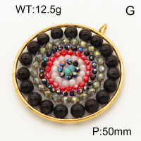 304 Stainless Steel Obsidian Pendants,Polished,Flat Round,Chakras,Vacuum plating 18K gold,50mm,Hole:3mm,about 12.5 g/pc,1 pc/package,3P4000549bbpp-Y008