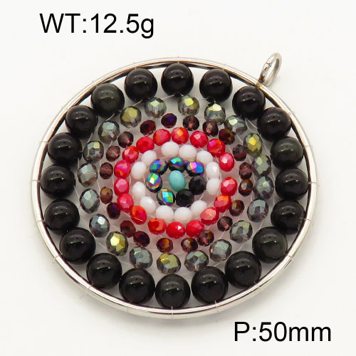 304 Stainless Steel Obsidian Pendants,Polished,Flat Round,Chakras,True color,50mm,Hole:3mm,about 12.5 g/pc,1 pc/package,3P4000550bvpl-Y008