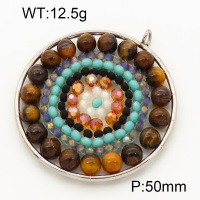 304 Stainless Steel Tiger Eye Pendants,Polished,Flat Round,Chakras,True color,50mm,Hole:3mm,about 12.5 g/pc,1 pc/package,3P4000553bvpl-Y008