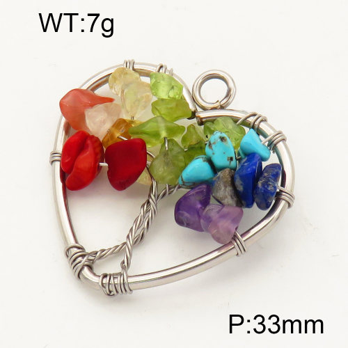 304 Stainless Steel Gemstone Pendants,Polished,Flat Heart,Tree,True color,33mm,Hole:3mm,about 7 g/pc,1 pc/package,3P4000555aajo-Y008