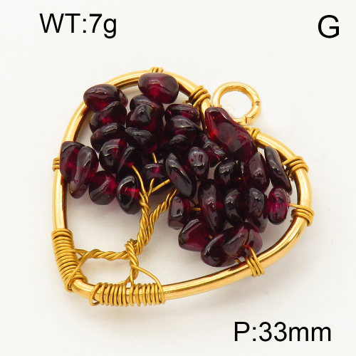 304 Stainless Steel Garnet Pendants,Polished,Flat Heart,Tree,Vacuum plating 18K gold,33mm,Hole:3mm,about 7 g/pc,1 pc/package,3P4000556aaki-Y008