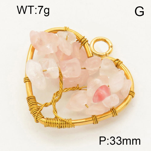 304 Stainless Steel Rose Quartz Pendants,Polished,Flat Heart,Tree,Vacuum plating 18K gold,33mm,Hole:3mm,about 7 g/pc,1 pc/package,3P4000558aaki-Y008